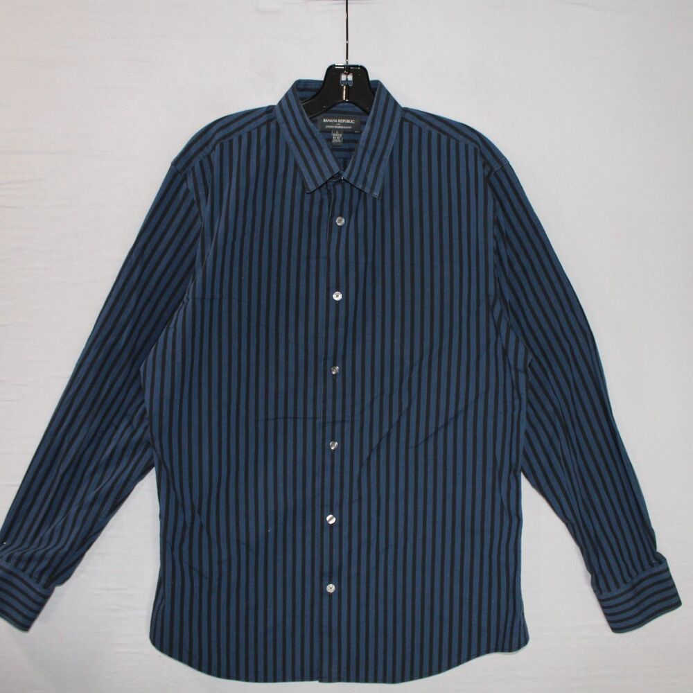 Banana Republic Mens Large Stretch Tailored Slim Fit Black Blue Striped Casual